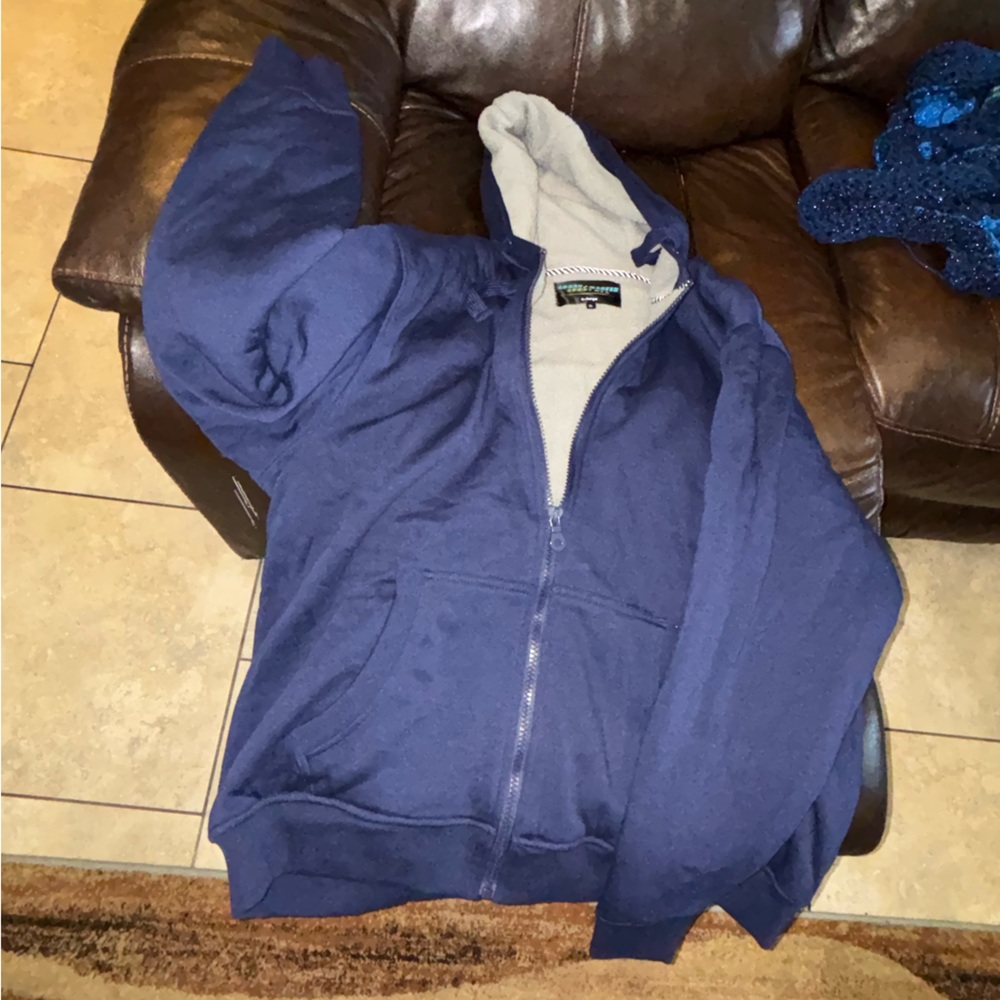 Men's Navy Blue Hooded Zip Jacket with Contrast Lining